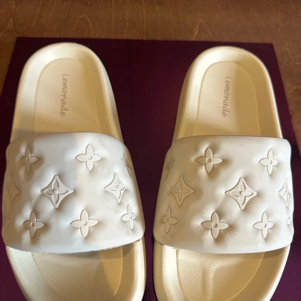 Lemonade Cream Monogram Embossed Slide Sandals | Designer Inspired Summer Slides